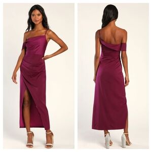 Lulu's Showing Off A Little Magenta Asymmetrical Tulip Midi Dress Large